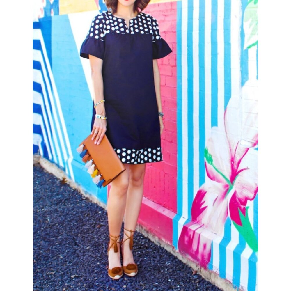 J. Crew Blue White 3D Polka Dot Shift Dress size 8 Short Ruffle Sleeves Nautical
